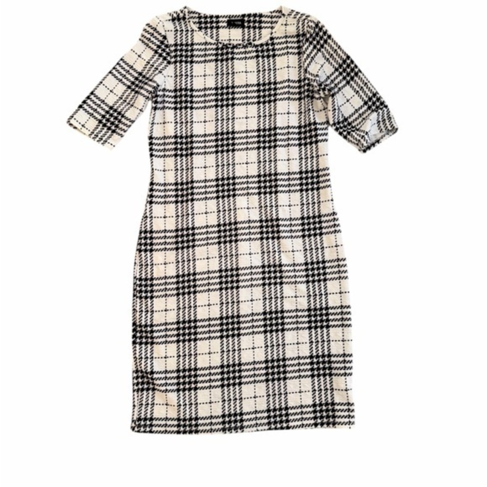 Tacera Black and White Houndstooth Plaid Textured Midi Dress